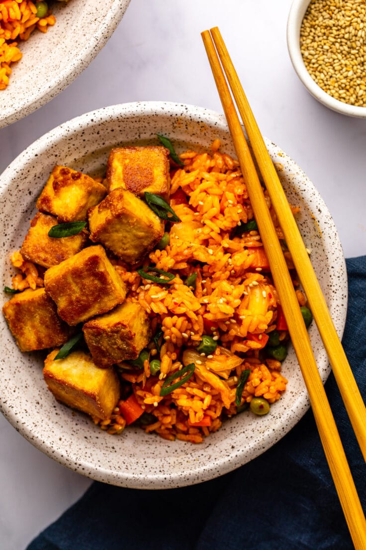 Kimchi Fried Rice in serving bowl topped with crispy tofu