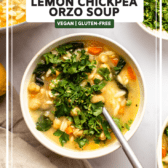 Two bowls of lemon chickpea soup topped with gremolata