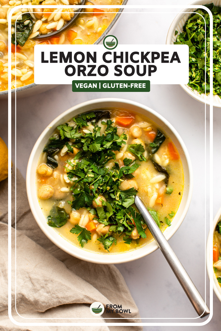 Two bowls of lemon chickpea soup topped with gremolata