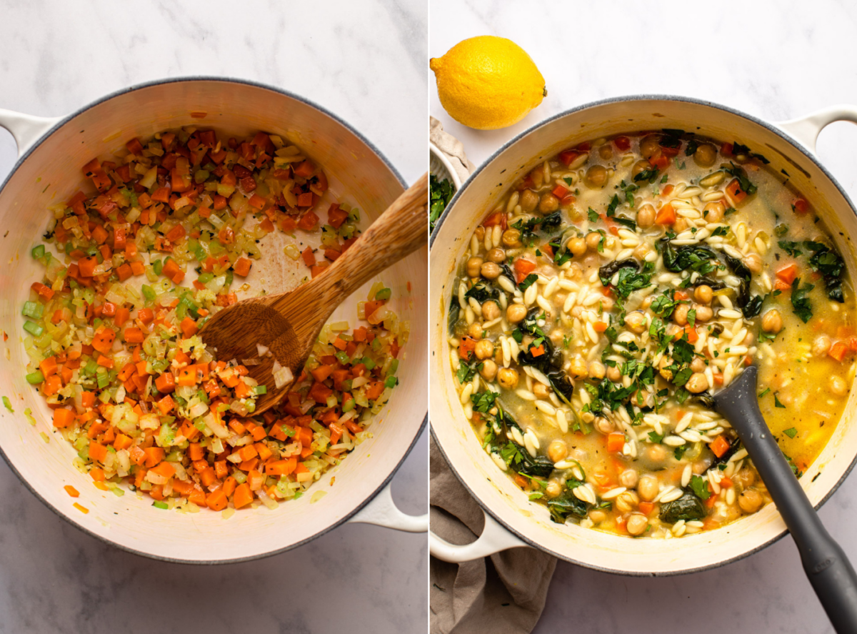 Side-by-side photos of veggies in soup after sautéing next to finished soup