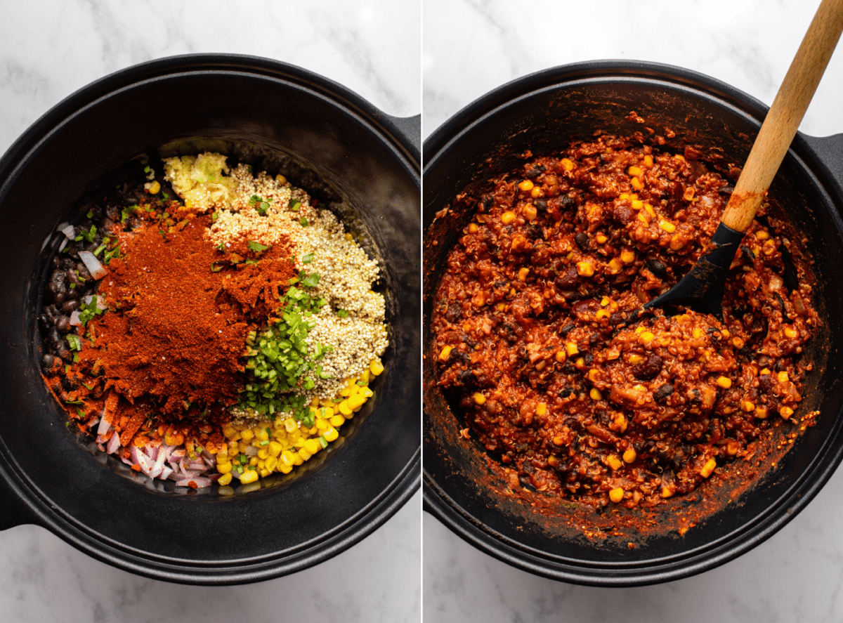 side-by-side images of the cooking process of the chili, with the image on the left showing the ingredients in a pan and the image of the right showing the cooking process