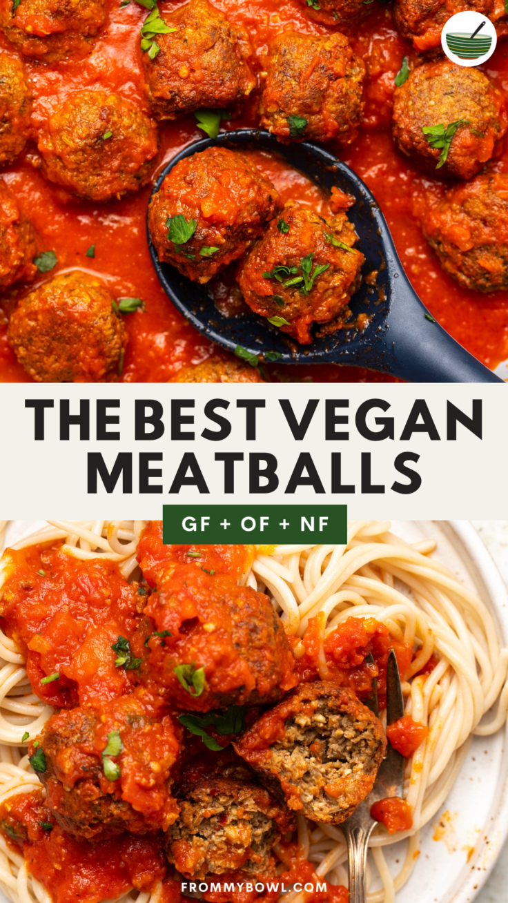 top and bottom images of vegan meatballs with the image on top showing a zoomed in shot of a spoon scooping up two meatballs and the image on bottom showing spaghetti served with vegan meatballs