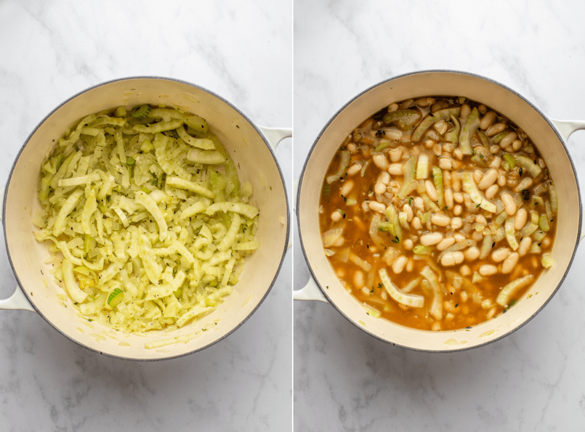 side-by-side images of the cooking process of the soup with the image on the left showing the onions and fennels and the image on the right showing the soup simmering