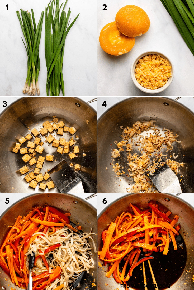 side-by-side images of the cooking process of vegan pad thai