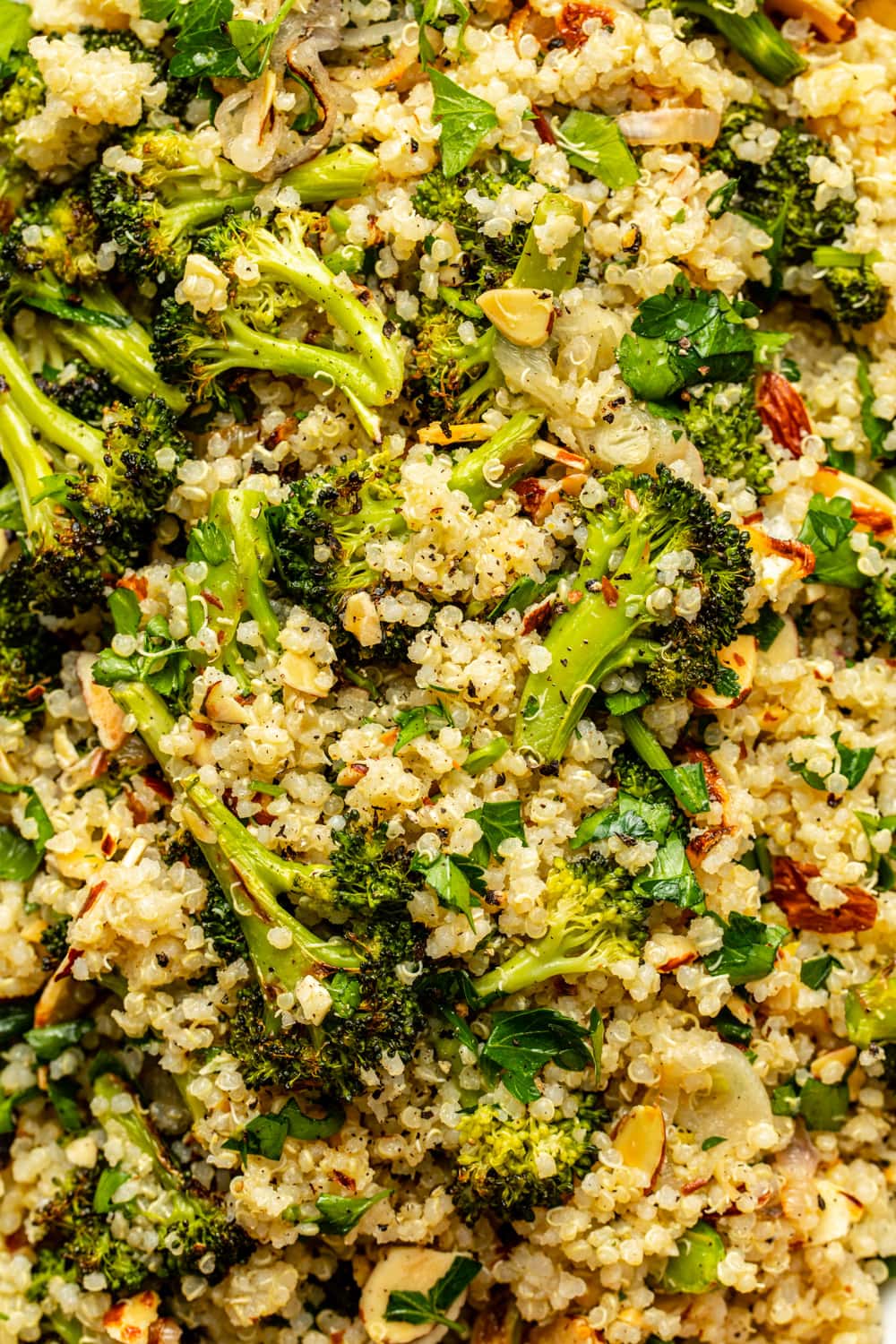 close-up photo of roasted broccoli quinoa salad with fresh almonds