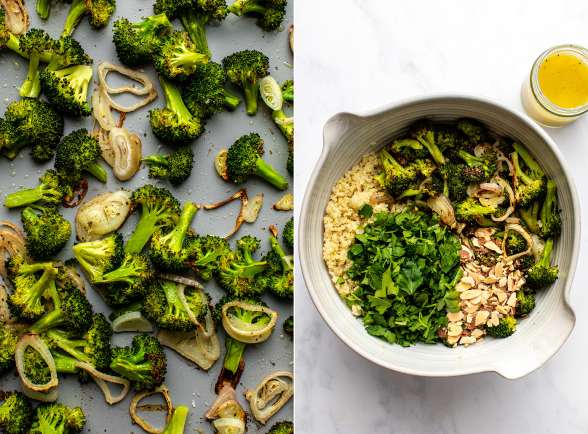 side-by-side images of the cooking process of roasted broccoli quinoa salad