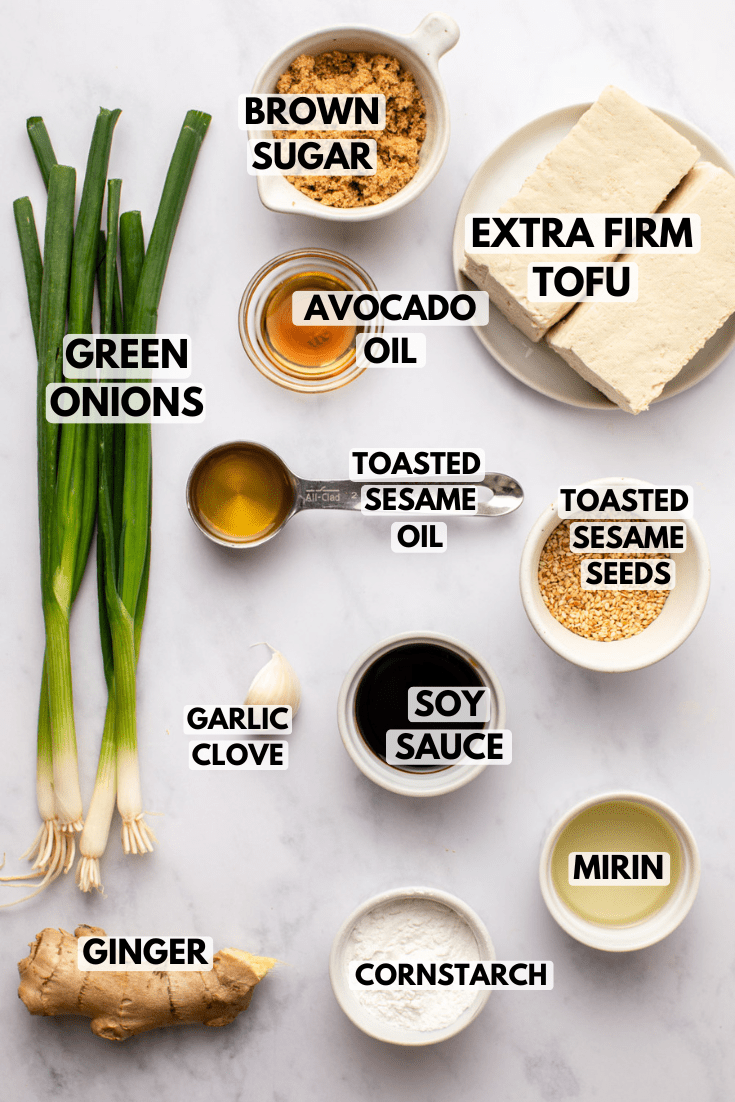 ingredients for teriyaki tofu laid out on a marble kitchen countertop and served separately in various bowls and plates