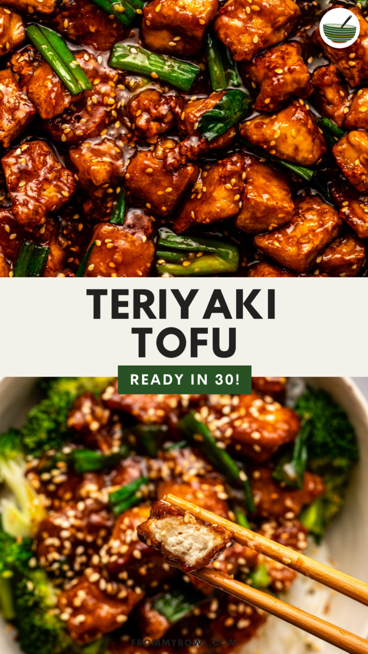 top and bottom images of teriyaki tofu with the image on top showing a zoomed in version of the tofu and the image on the bottom showing the texture of the tofu