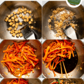 step by step photos showing process of making pad thai in wok