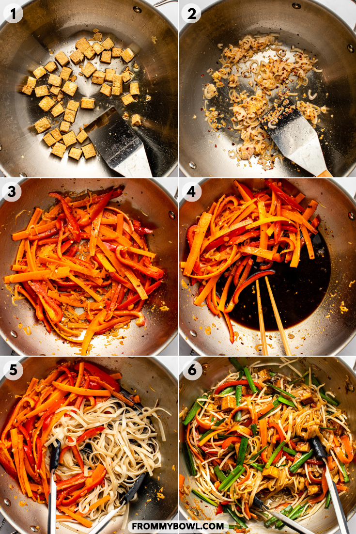 step-by-step photos showing the process of making pad thai