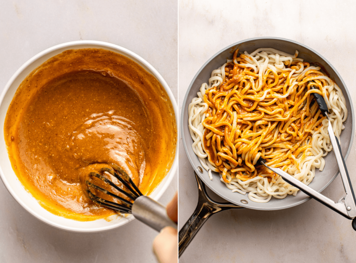 side-by-side images of the noodles with the image on the left showing the peanut sauce and the image on the right showing udon noodles mixed with the sauce