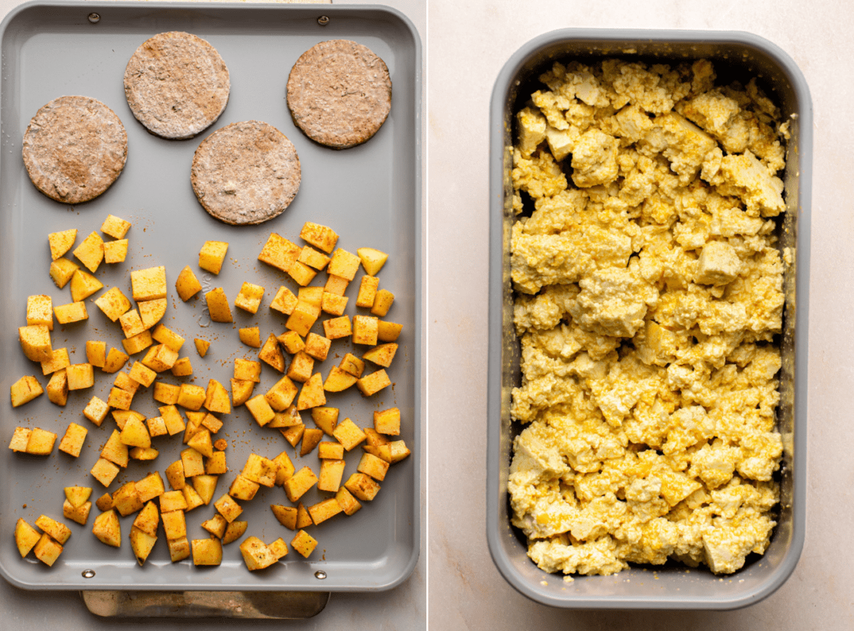 side by side photos of breakfast potatoes and tofu scramble before baking