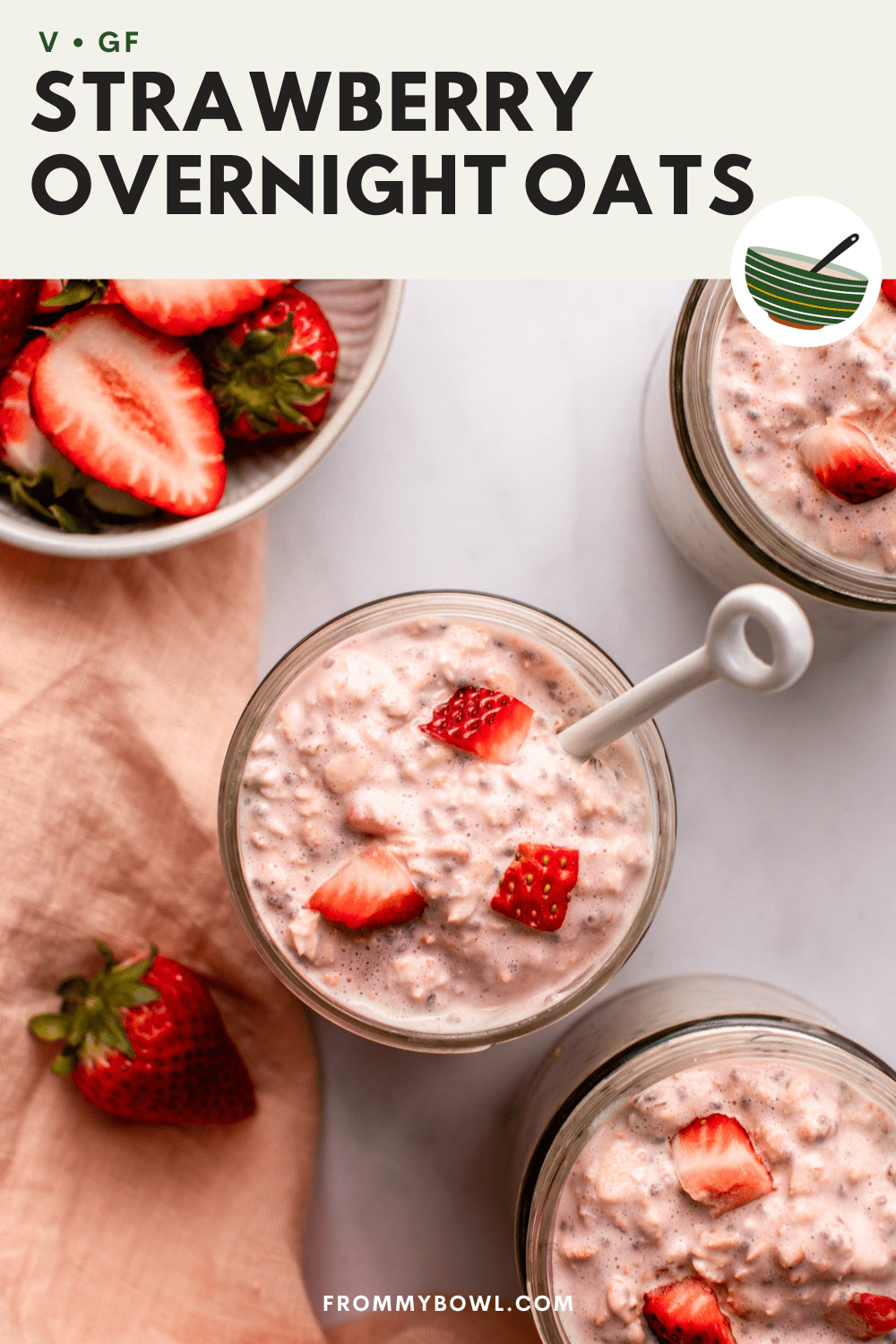 strawberry overnight oats served in small glass jars