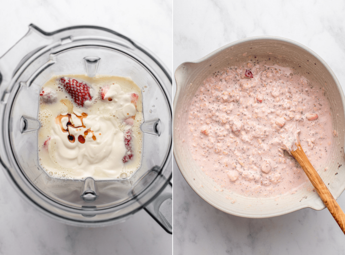 side-by-side images of the strawberry overnight oats with the image on the left showing the blending process and the image on the right showing the oats in a large bowl