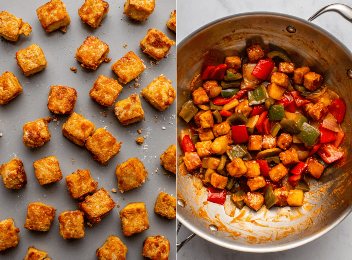 side-by-side images of sweet and sour tofu with the image on the left showing baked tofu and the image on the right showing the final version