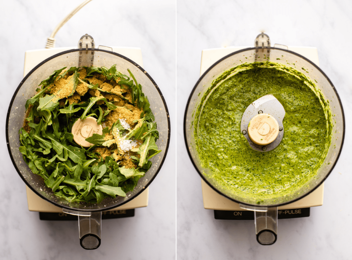 side-by-side images of arugula pesto being processed in a blender