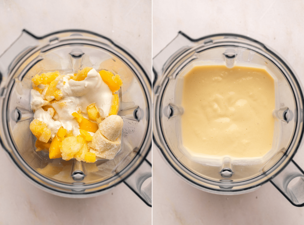side-by-side images of the smoothie being processed in a blender