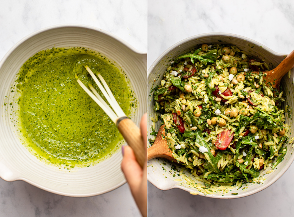 side-by-side images of the making process of the salad with the image on the left showing the salad dressing and the image on the right showing the final version of the salad