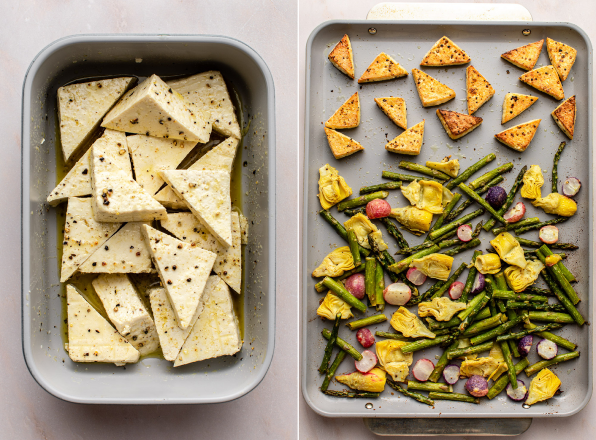 side-by-side images of sheet pan tofu with the image on the left showing marinated tofu and the image on the right showing baked veggies