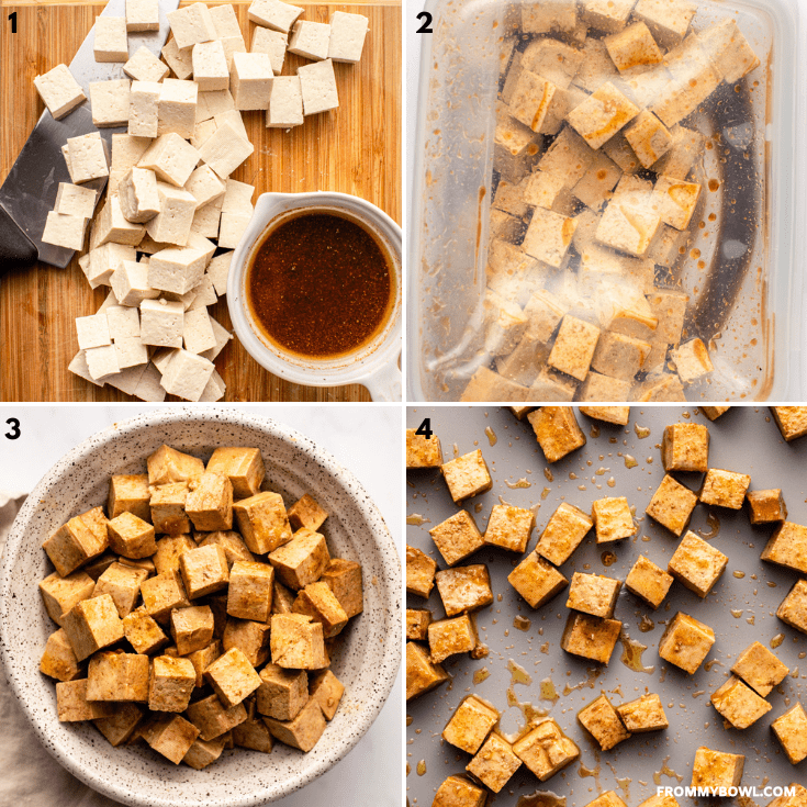 four grid images of the preparation process of smoky baked tofu