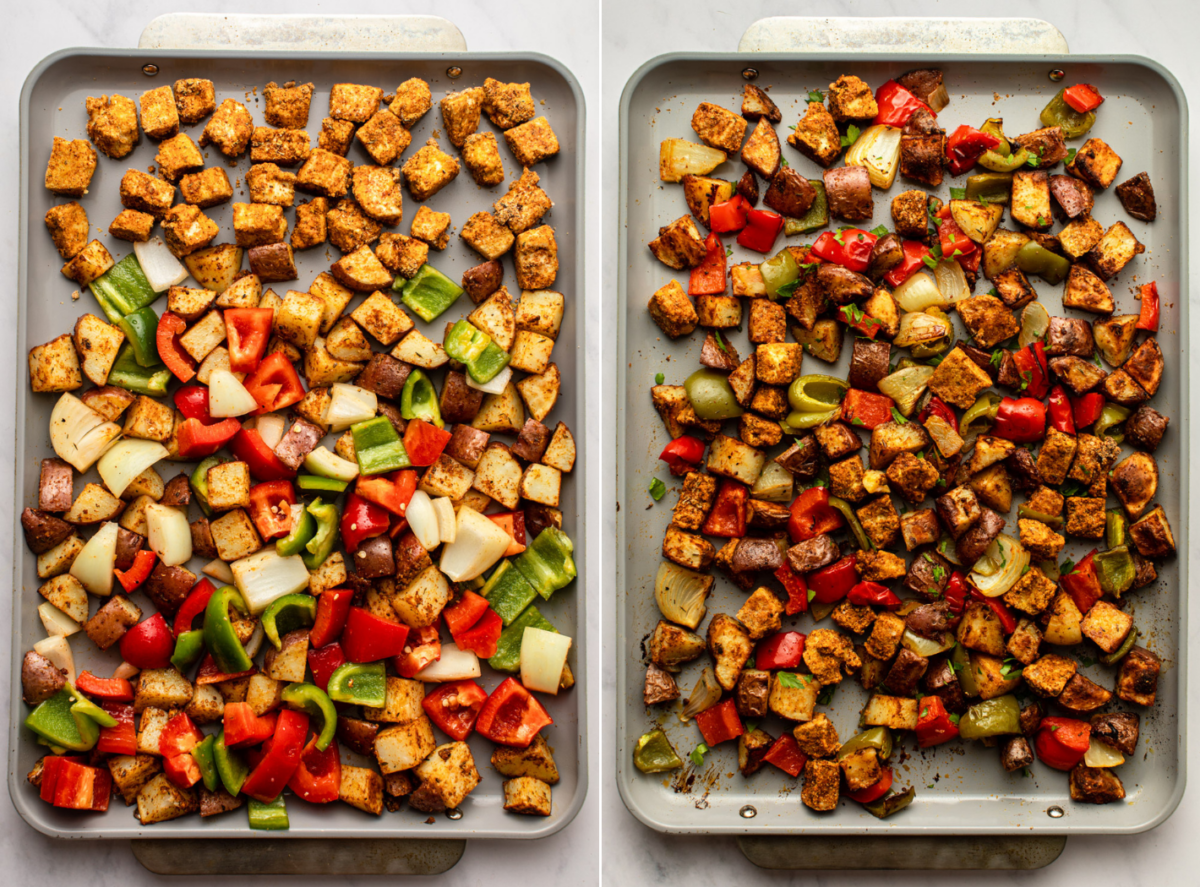 side-by-side images of the baking process of tofu and veggies