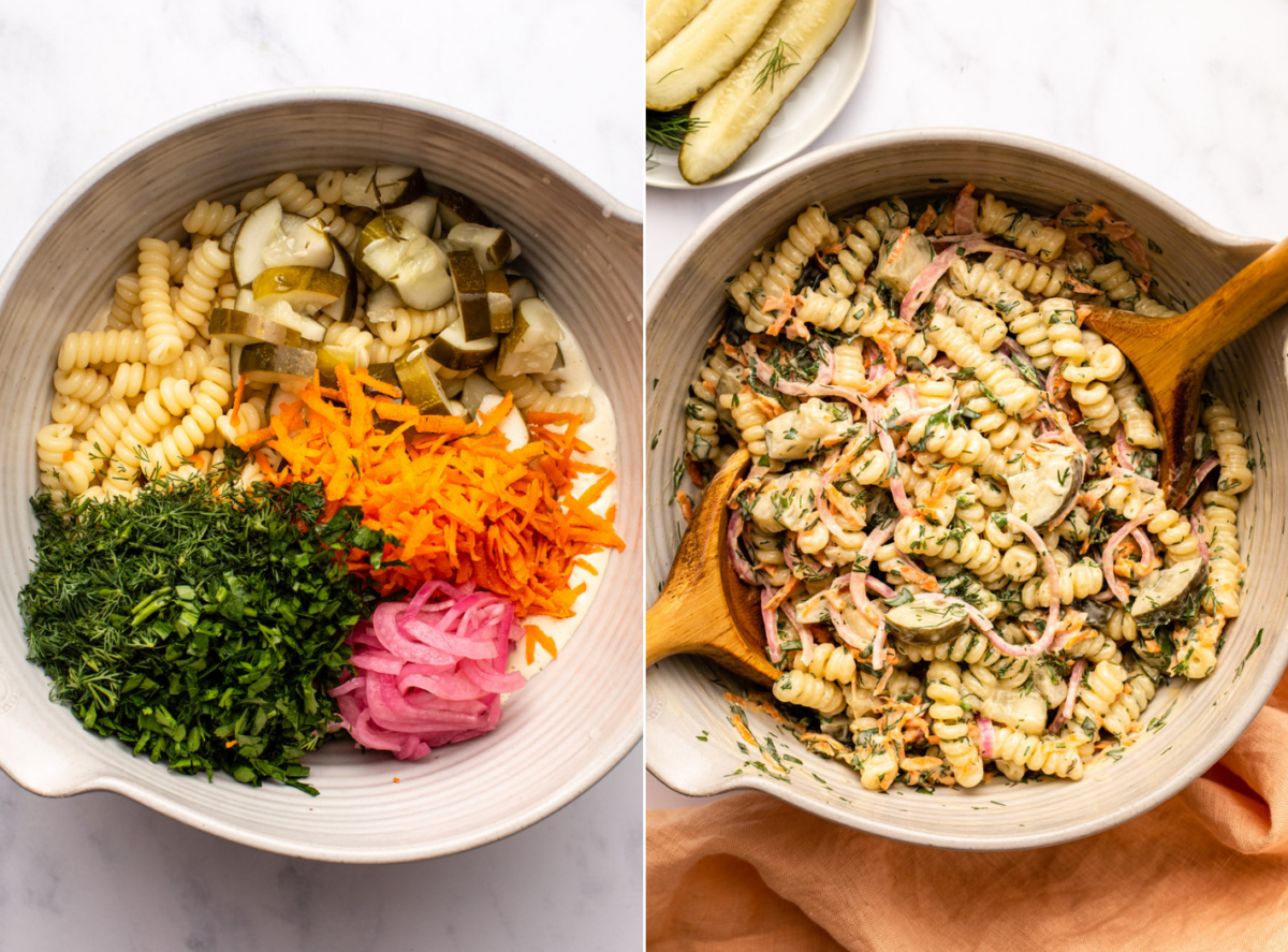 side-by-side images of the preparation process of dill pickle pasta salad