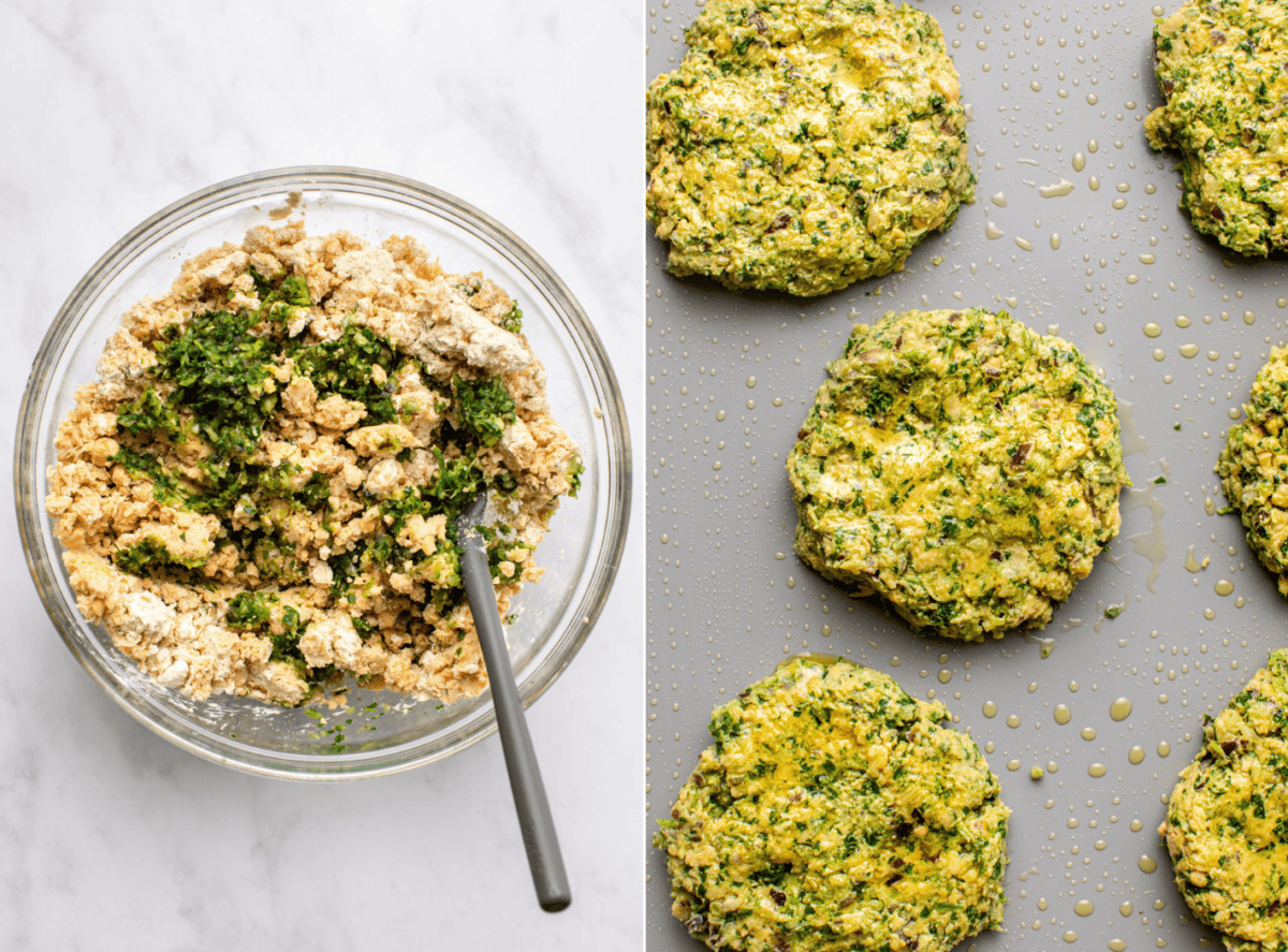 side-by-side images of the baking process of falafel patties