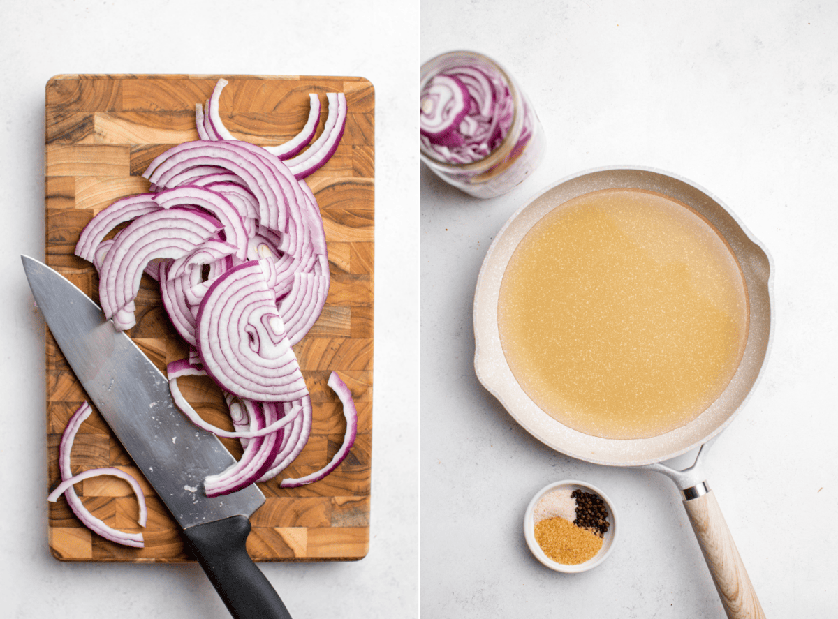 side-by-side images of the preparation process of pickled red onions
