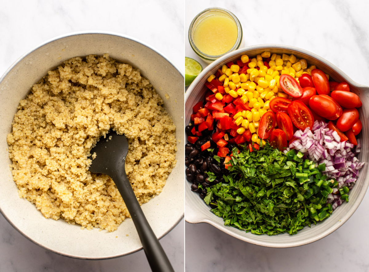 side-by-side images of the preparation process of southwest quinoa salad