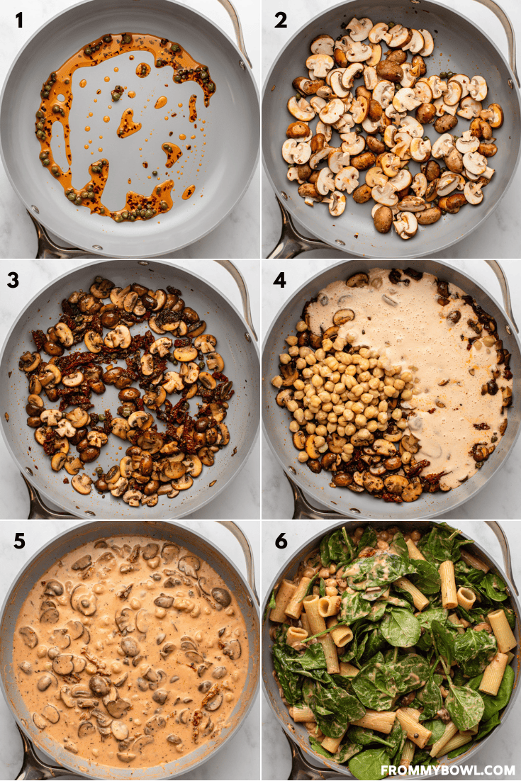 a 6-image collage of the cooking process of the pasta