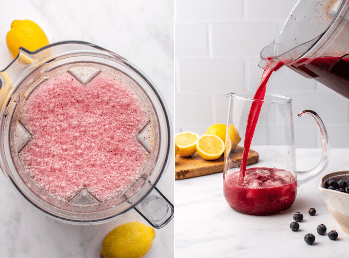 side-by-side images of the preparation process of blueberry lemonade