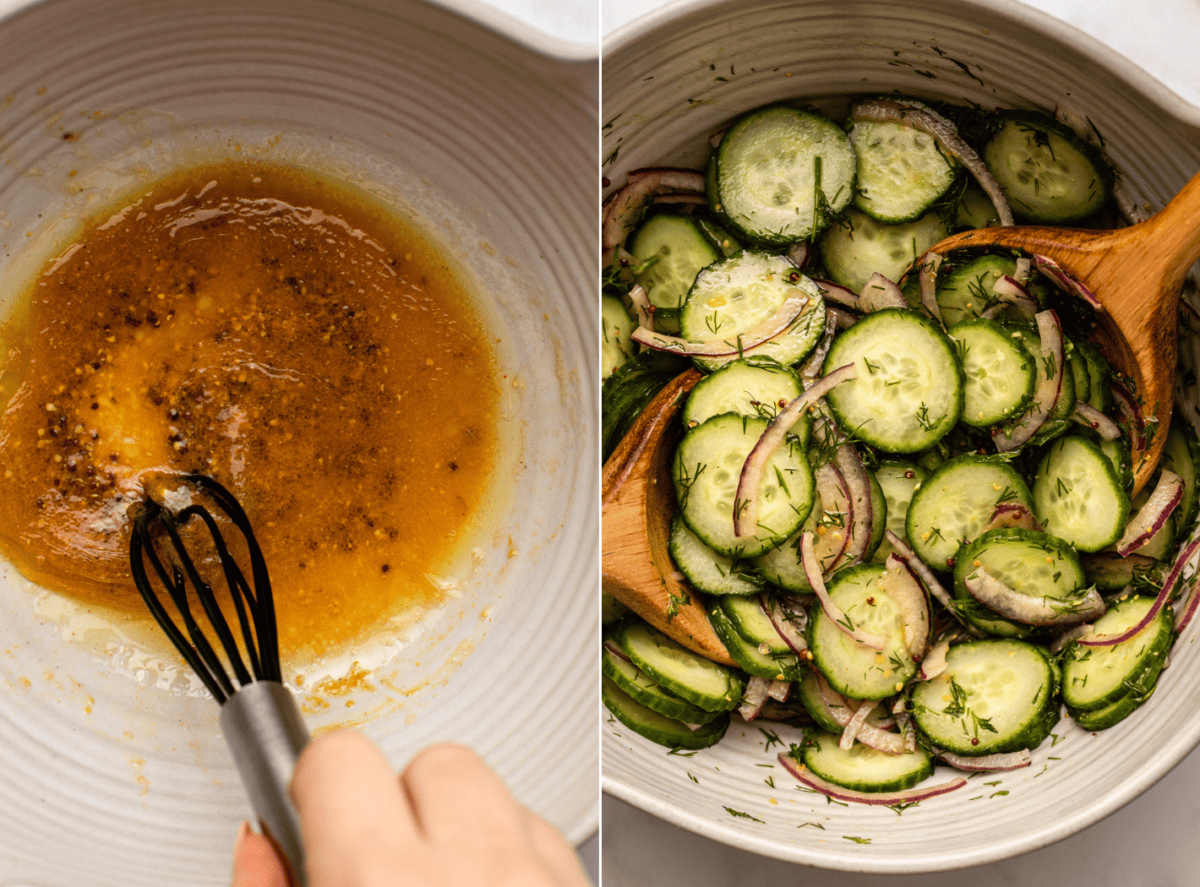 side-by-side images of cucumber dill salad
