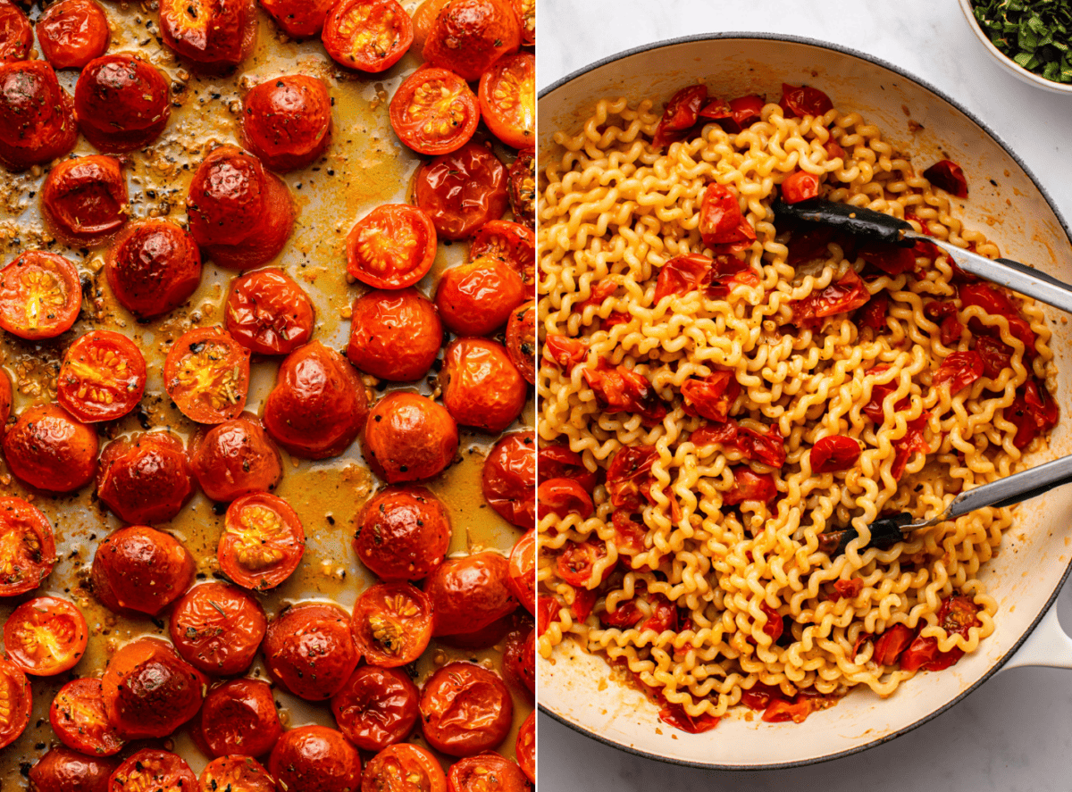 side-by-side images of the cooking process of roasted cherry tomato pasta 