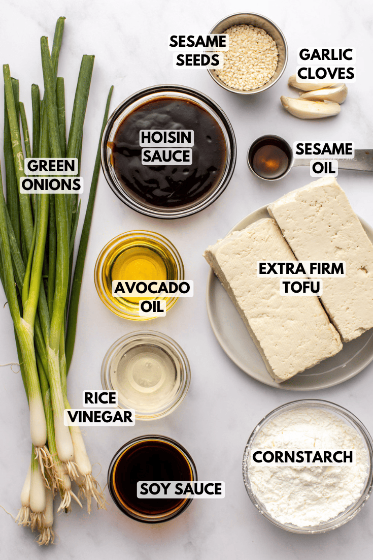 ingredients for sesame tofu laid out on a kitchen countertop