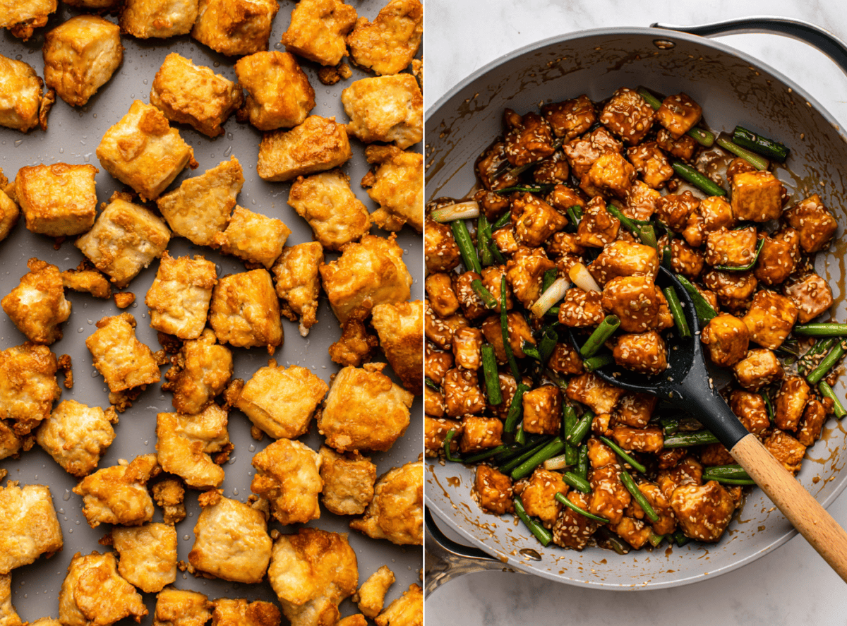 side-by-side images of the cooking process of tofu with the image on the left showing baked tofu on a tray and the image on the right showing the finished version in a pan