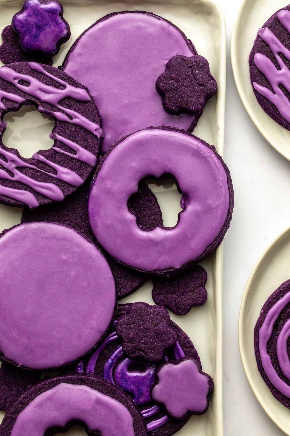 a zoomed in image of glazed ube sugar cookies
