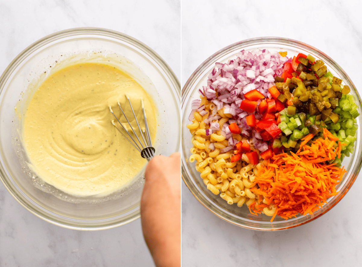 side-by-side images of the recipe with the image on the left showing the dressing for the salad and the image in the right showing the chopped-up ingredients