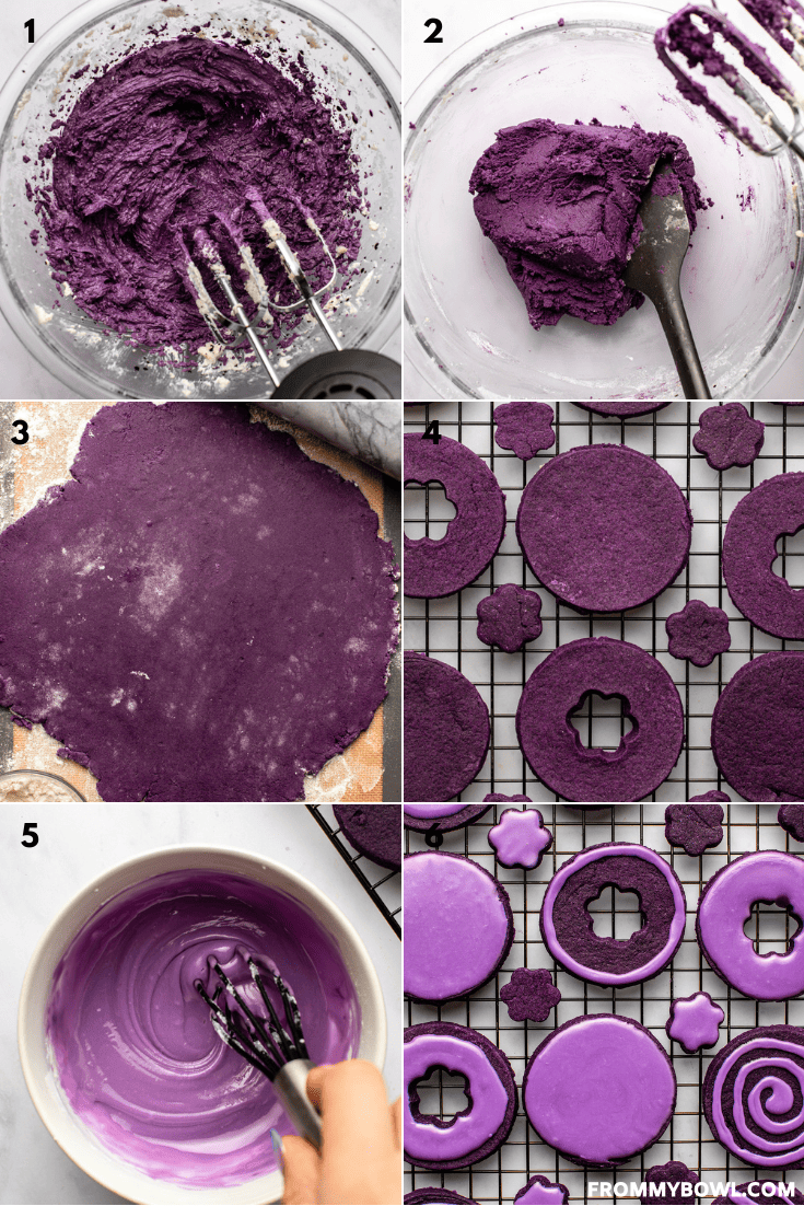 a collage of six images showing the baking process of ube sugar cookies