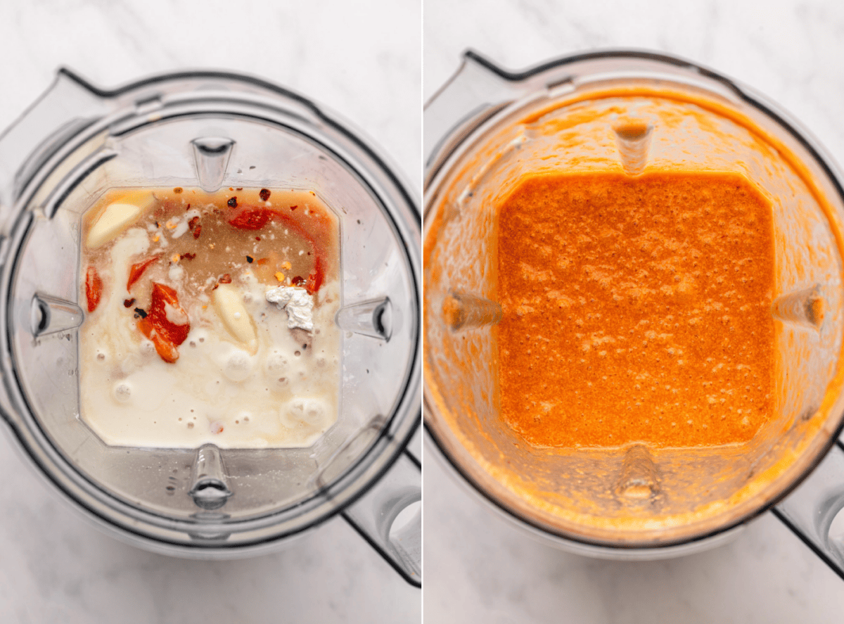 side-by-side images of the red pepper pasta sauce in the blender