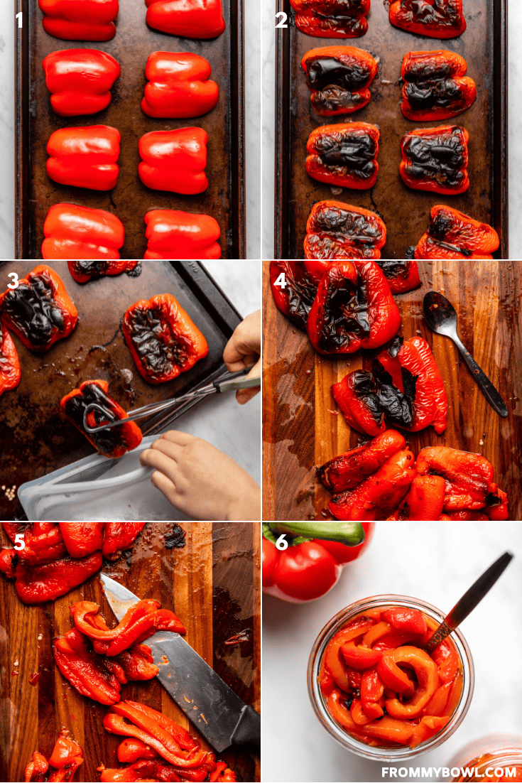 six grid images of the preparation process of roasted red bell peppers