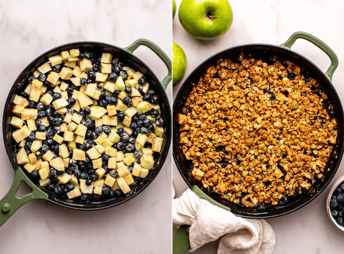 side-by-side images of apple blueberry crisp before and after it is baked in the oven