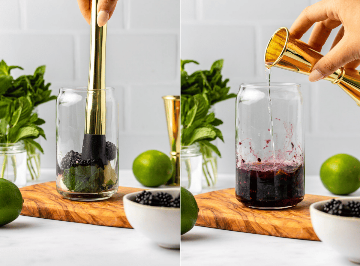 side-by-side images of the preparation process of blackberry mojito
