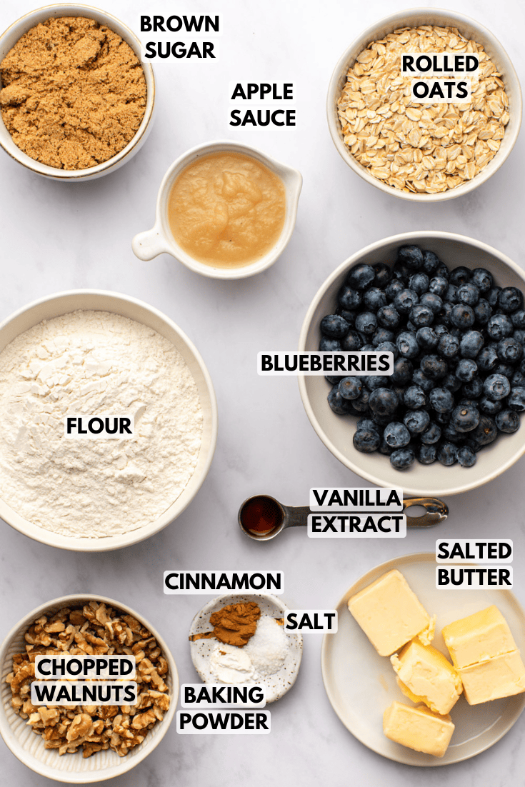 ingredients for blueberry cookies in various shapes and sizes of white bowls laid out on a marble kitchen countertop
