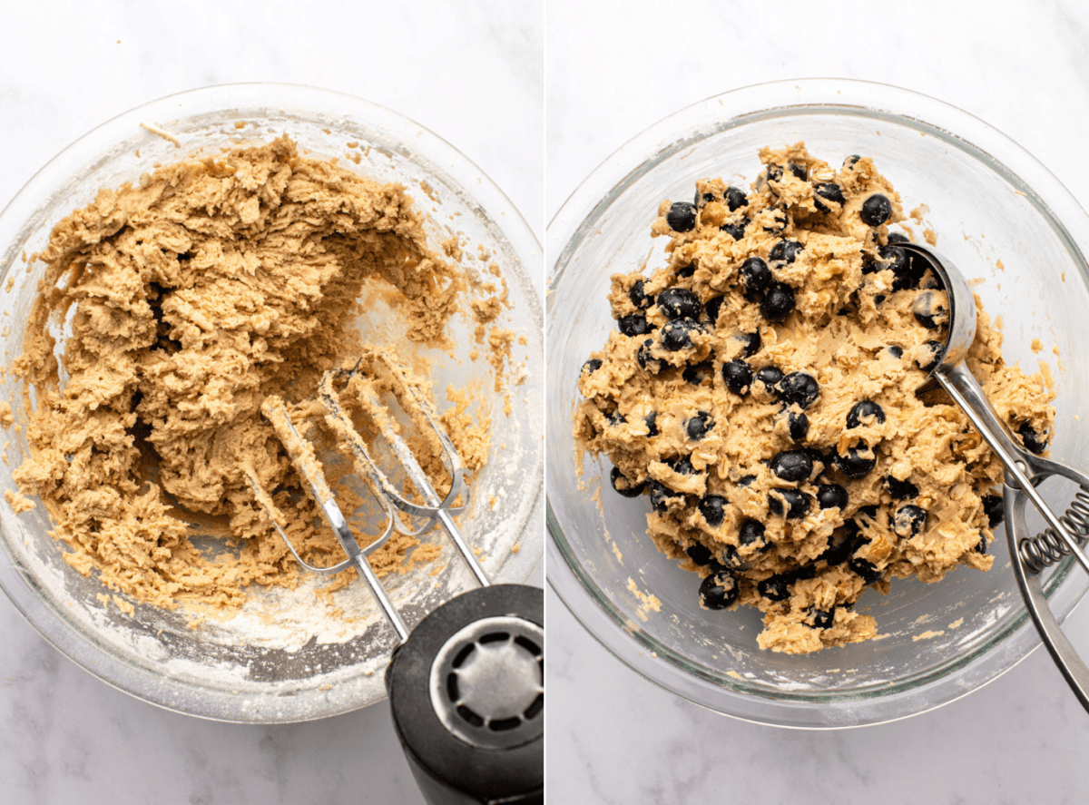 side-by-side images of the wet and dry ingredients getting mixed in a bowl