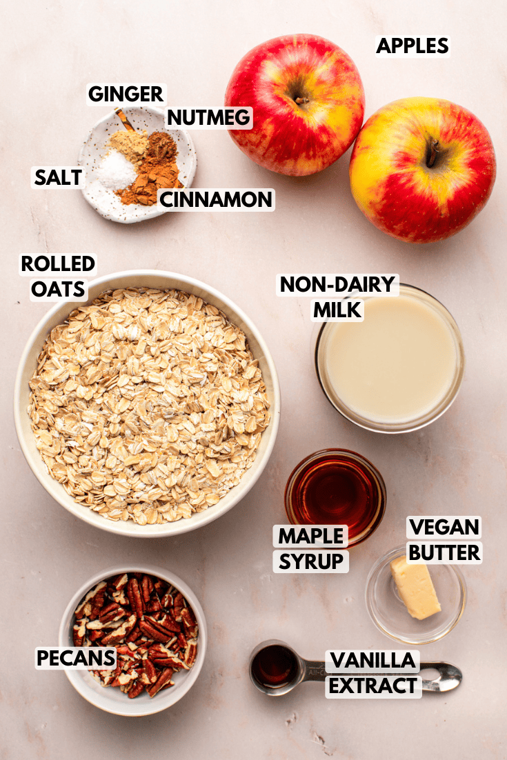 ingredients for apple cinnamon oatmeal laid out on a marble kitchen countertop
