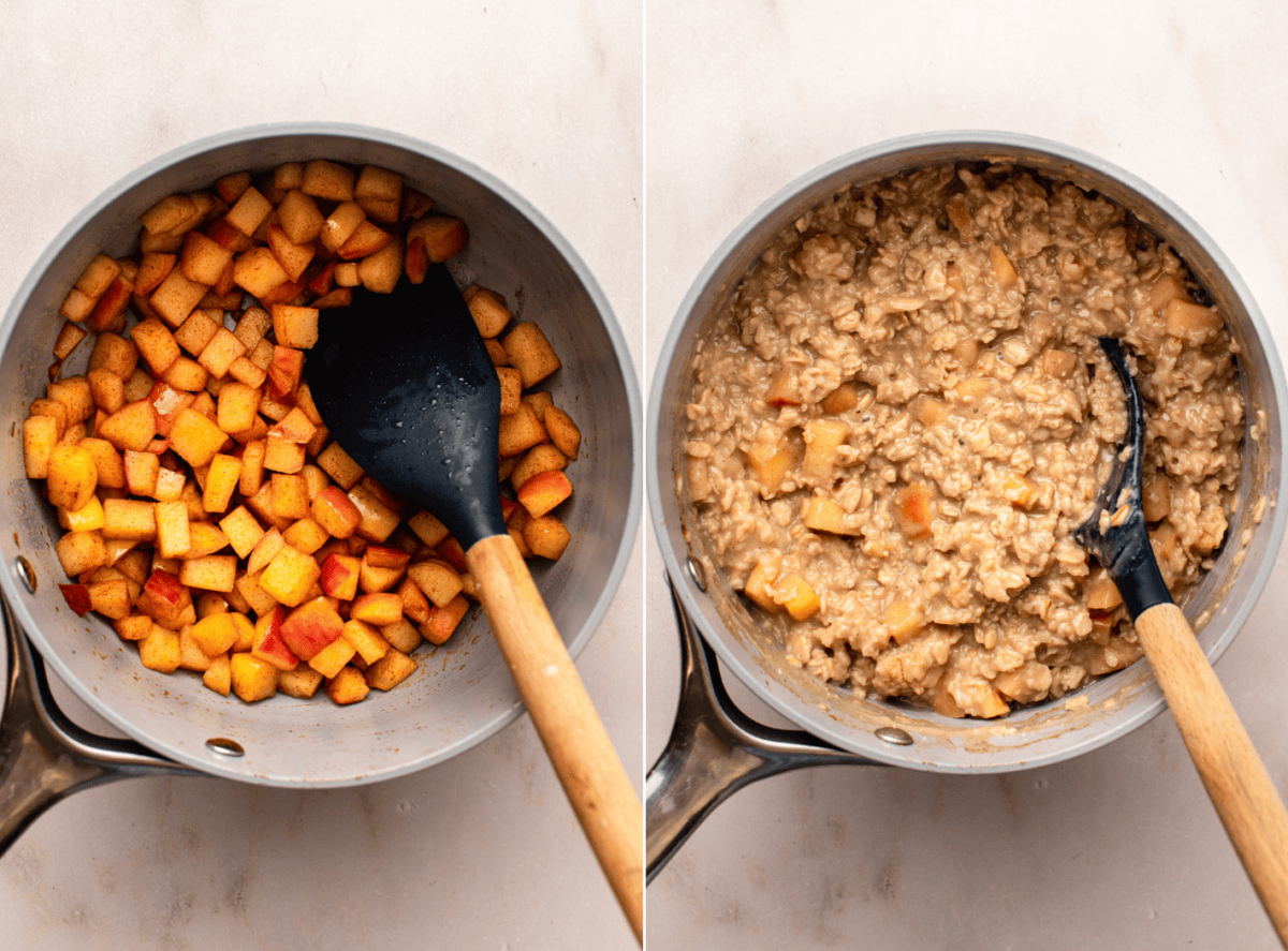side-by-side images of cinnamon apples and the oatmeal simmering in a pan