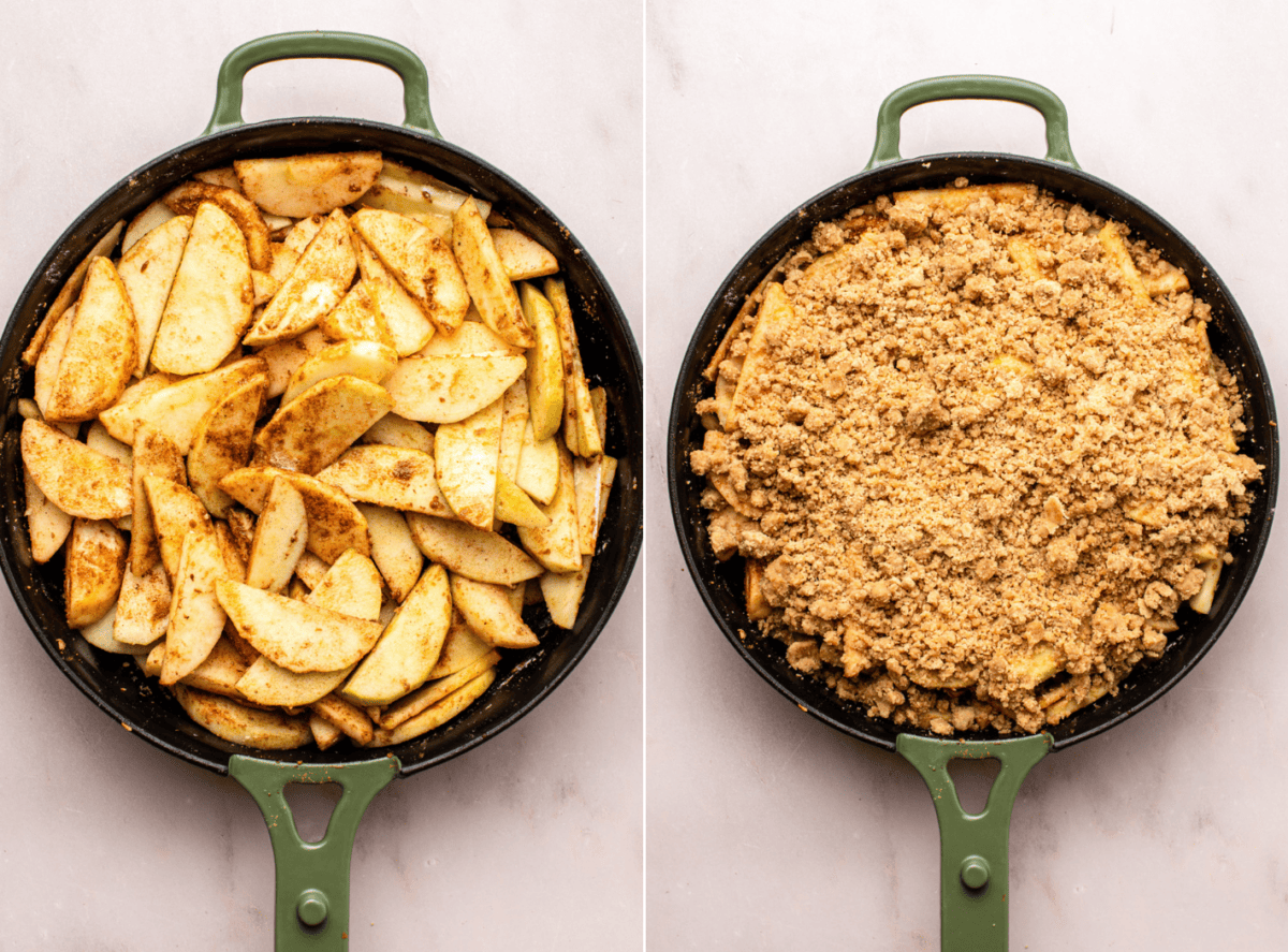 side-by-side images of the crumble before and after it's baked