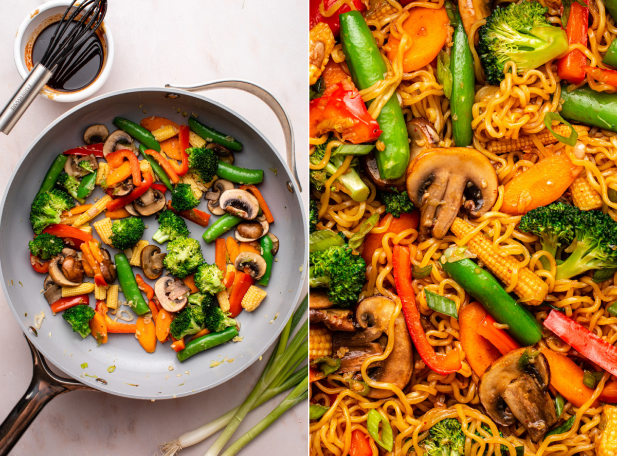 side-by-side images of the garlic ramen stir fry with the image on the left showing the veggies on a pan and the image on the right zooming in on the dish