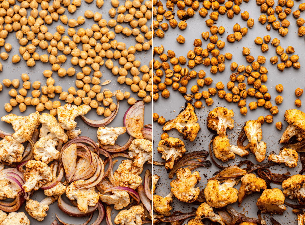 before and after images of cauliflower, red onion and chickpeas getting roasted in the oven