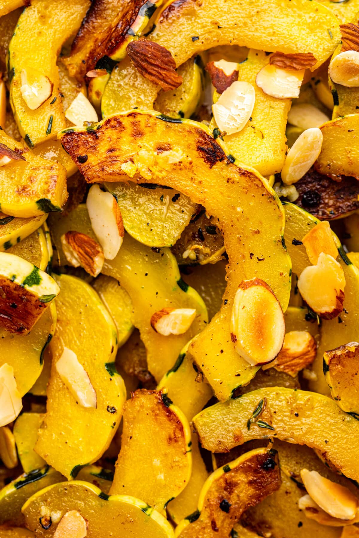 a zoomed in image showing the texture of sauteed delicata squash